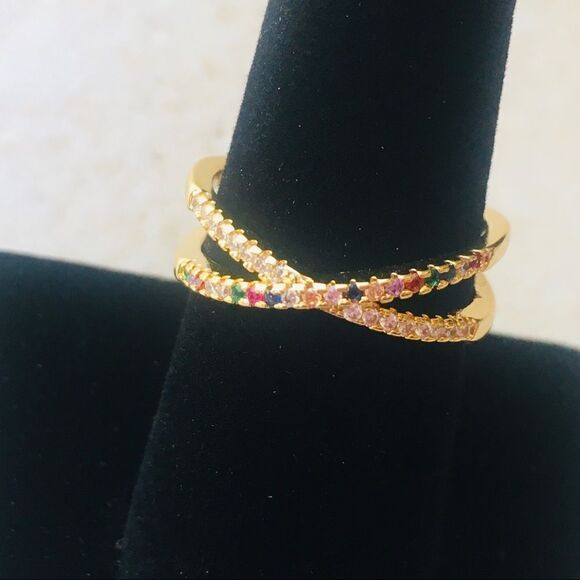 Rainbow Pave Cubic Zirconia Crystals Crossover Eternity Band Ring NWT - Picture 3 of 6